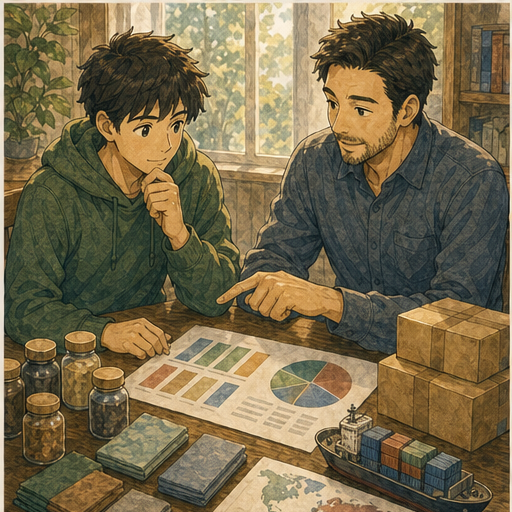 Illustration 1: Show a port or market scene where ingredients, tools, and people from different culture...