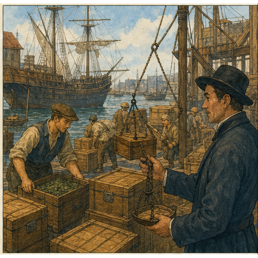 Illustration 4: Show a port or market scene where ingredients, tools, and people from different culture...