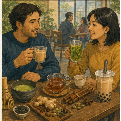 Illustration 6: Show a port or market scene where ingredients, tools, and people from different culture...