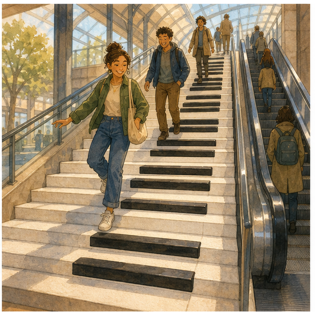 Illustration 2: Show ordinary station stairs transformed into piano-key steps, with one curious commute...