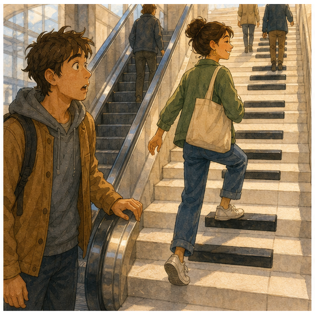 Illustration 3: Show several commuters choosing the piano stairs while the escalator remains nearby, ma...
