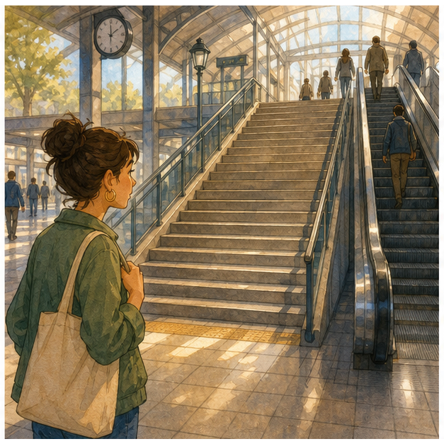 Illustration 1: Show a train station choice point where a learner notices both a normal escalator and n...