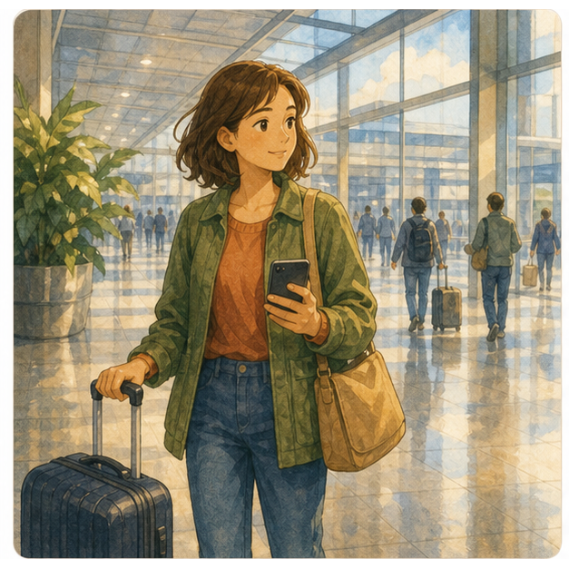 English lesson illustration for Buying a SIM Card at the Airport scene 1: Ask for airport, shuttle, rideshare, address, or hotel help aft...