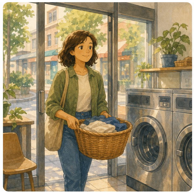 English lesson illustration for Using a Laundromat scene 1: 1. What a Laundromat Is to wash and dry clothes