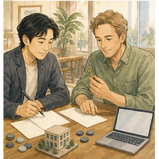 English lesson illustration for Australia business expansion scene 2: Two partners review blank company papers, ownership tokens, a small building model, and a key for local director responsibility.