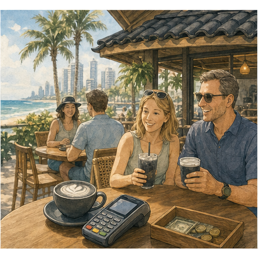 English lesson illustration for Australia business expansion scene 4: A sunny Gold Coast cafe terrace shows relaxed customers, charcoal drinks, tap payment, phone wallet, cash option, plants, and roof-tile texture decor.