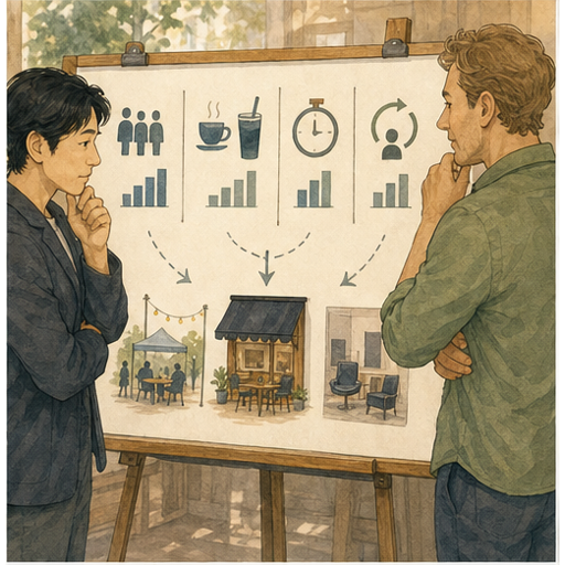 English lesson illustration for Australia business expansion scene 6: Two partners study a blank pilot metrics board with icons for customer flow, hot and iced drinks, waiting time, repeat demand, and next-step choices.