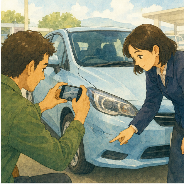 Practical English lesson illustration for The learner can ask useful rental-counter questions and explain basic driving/return rules for a tourist car rental in Japan. scene 2: The same tourist and a calm rental staff member inspect a small car together, noticing a scratch or dent while one person takes a phone photo.