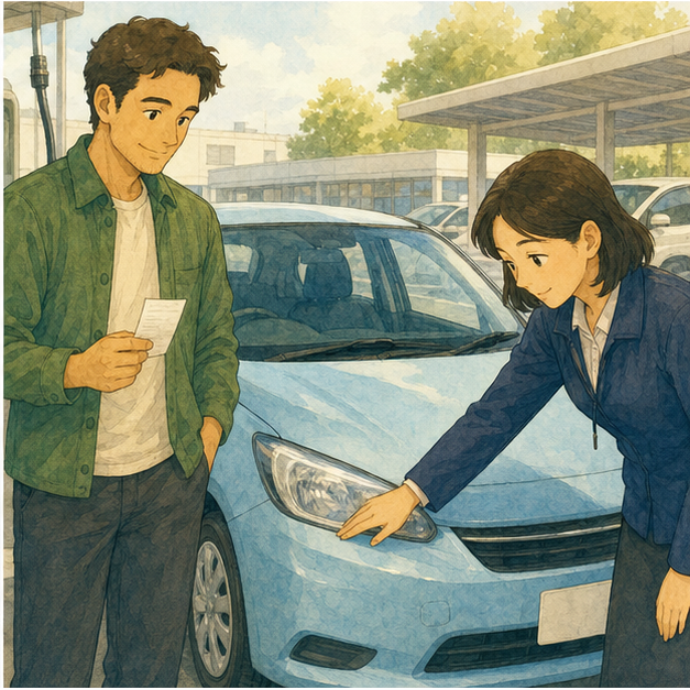 Practical English lesson illustration for The learner can ask useful rental-counter questions and explain basic driving/return rules for a tourist car rental in Japan. scene 4: The tourist returns the car at a bright rental lot after refueling, holding a small blank receipt while staff checks the car near a parking space.