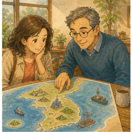 Map-style South Korea scene showing peninsula, sea, ports, islands, and travel places.