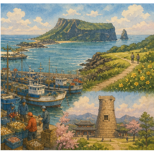 Local South Korea scene with Busan, Jeju, Gyeongju, beaches, markets, and history.