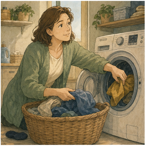 Adult learner moving laundry into a front-loading washer while one small sock slips near the basket, showing autopilot habit.