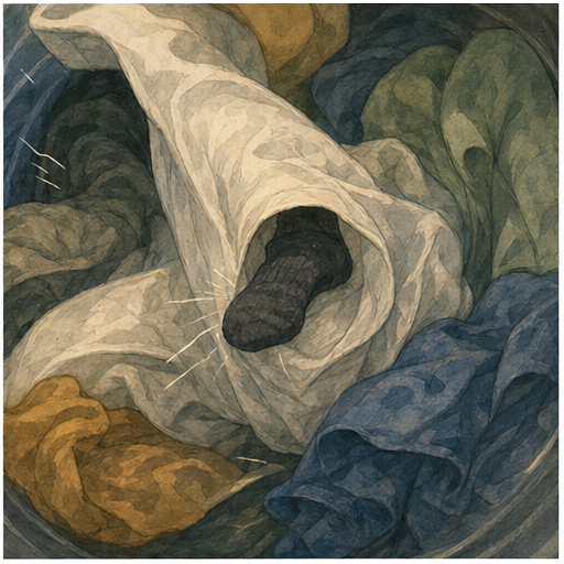 Small dark sock clinging inside a trouser leg or sheet among folded laundry, showing static cling and fabric hiding places.