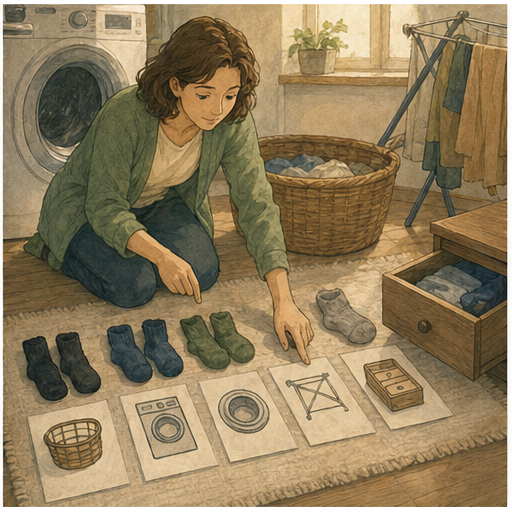 Adult learner arranging pairs of socks beside basket, washer, drying rack, and drawer icons to test where socks are lost.