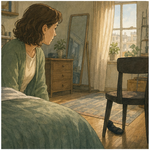 Adult learner looking across a bedroom while a dark sock is partly hidden under a chair, showing how visible things can go unnoticed.