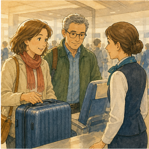 English lesson illustration for Airport English for Travel: How Airport Departures Work scene 2: Baggage and Seat Questions
