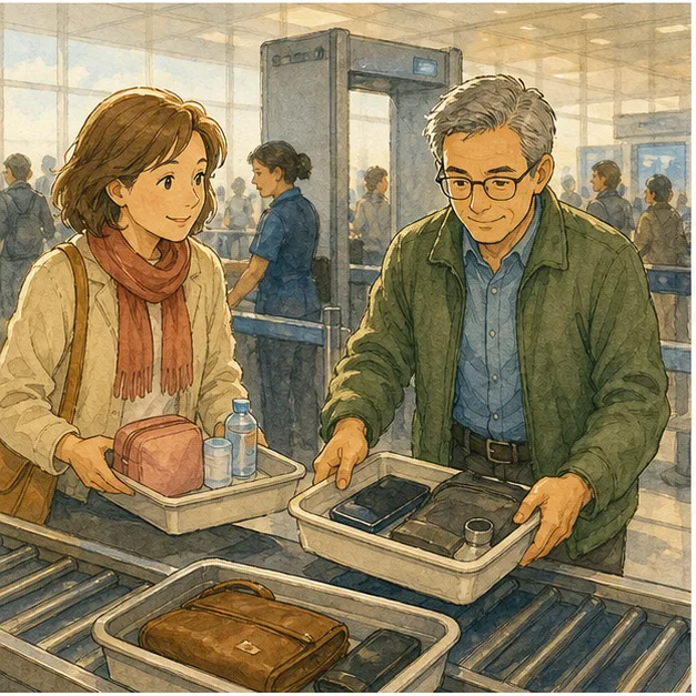 English lesson illustration for Airport English for Travel: How Airport Departures Work scene 3: Security and Finding the Gate