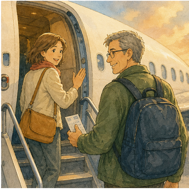 English lesson illustration for Airport English for Travel: How Airport Departures Work scene 4: Boarding and Last Questions
