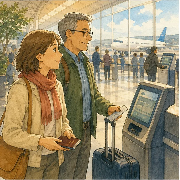 English lesson illustration for Airport English for Travel: How Airport Departures Work scene 1: The Basic Flow of an Airport Departure