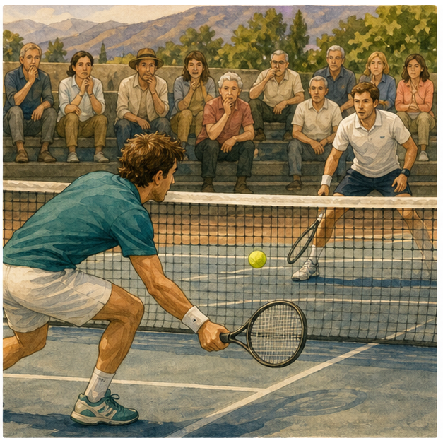 English lesson illustration for Tennis: One Court, Big Choices scene 2: The Score Creates Pressure