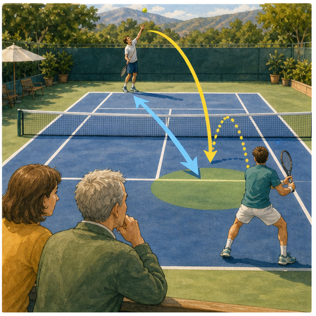 English lesson illustration for Tennis: One Court, Big Choices scene 4: How to Watch One Point Better