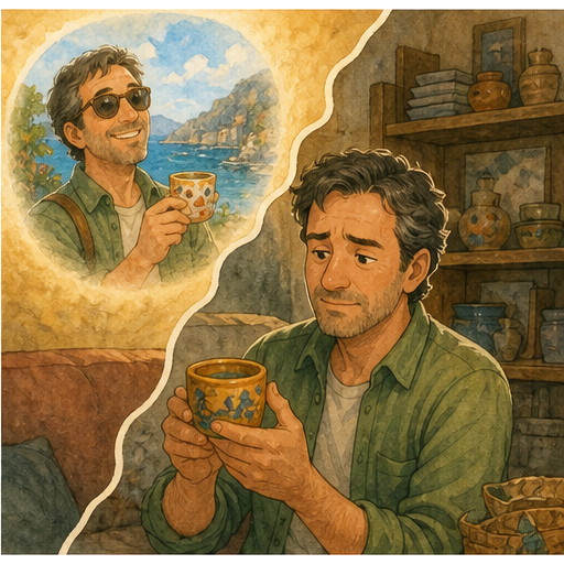 English lesson illustration for Why People Buy Useless Things on Vacation scene 4: Regret Works in Two Directions