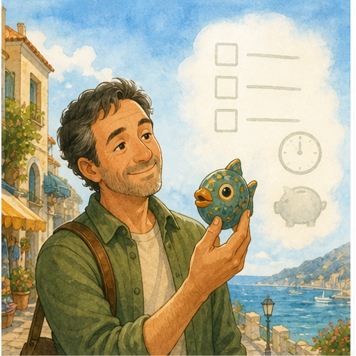 English lesson illustration for Why People Buy Useless Things on Vacation scene 1: Vacation Mood Lowers the Usual Rules