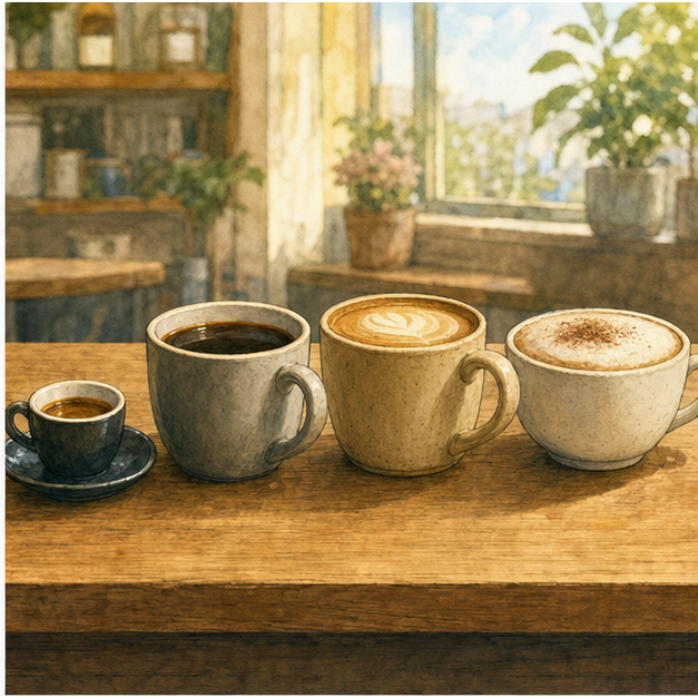 English lesson illustration for Cafe Coffee and Working at a Cafe scene 2: Basic Coffee Types
