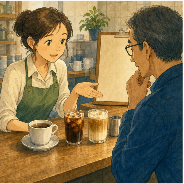 English lesson illustration for Cafe Coffee and Working at a Cafe scene 3: Choosing a Coffee at the Menu