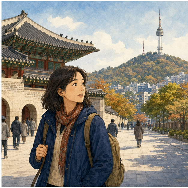 English lesson illustration for South Korea: Seoul Food, Places, and Shopping scene 2: Famous Places in Seoul