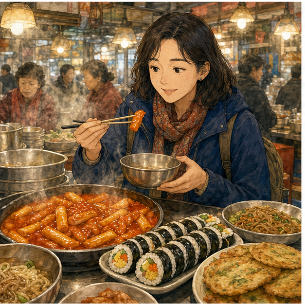 English lesson illustration for South Korea: Seoul Food, Places, and Shopping scene 3: Food: Choose the Right Place for Your Mood