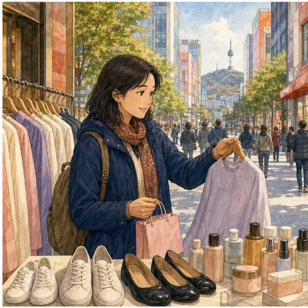 English lesson illustration for South Korea: Seoul Food, Places, and Shopping scene 4: Shopping Areas Have Different Jobs