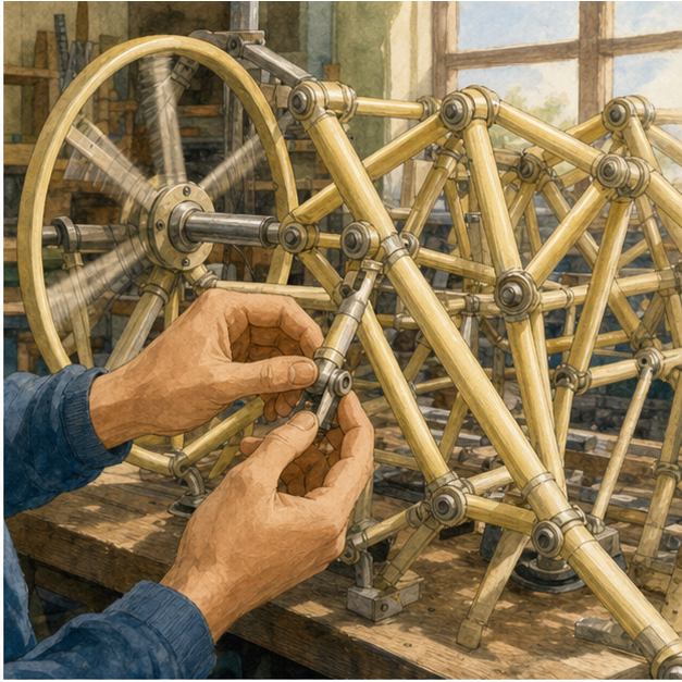 English lesson illustration for Theo Jansen's Strandbeest: How Walking Structures Think scene 2: The Leg Logic: One Crank, Many Links