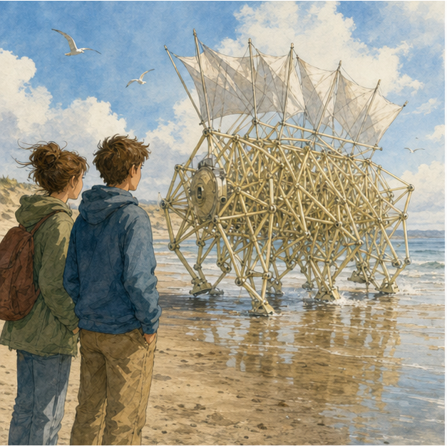English lesson illustration for Theo Jansen's Strandbeest: How Walking Structures Think scene 1: What Is a Strandbeest?