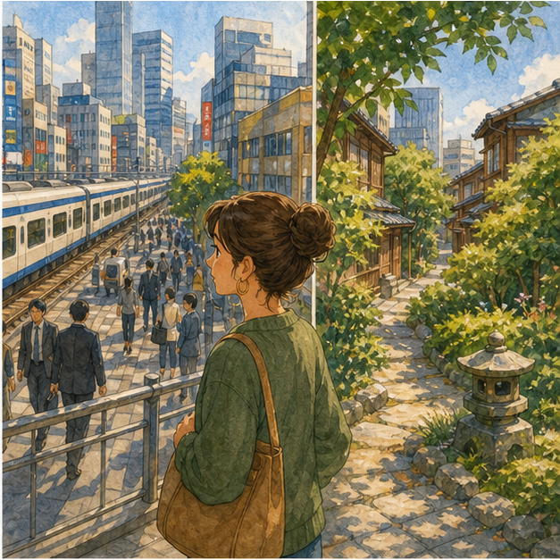 English lesson illustration for Japan: Culture, Places, Seasons, and Daily Life scene 2: Show the idea adapting to local tastes in a modern shop, with region-specific ingredients and a welcoming global feeling.