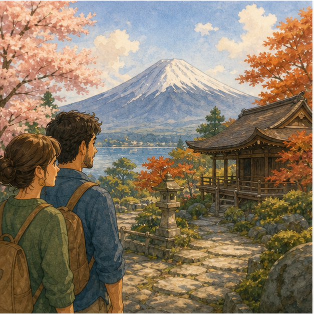 English lesson illustration for Japan: Culture, Places, Seasons, and Daily Life scene 3: Show the idea adapting to local tastes in a modern shop, with region-specific ingredients and a welcoming global feeling.