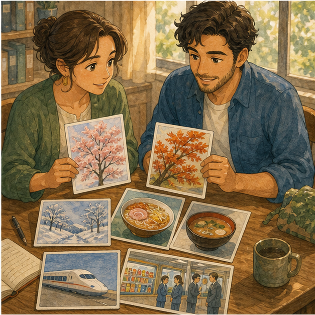 English lesson illustration for Japan: Culture, Places, Seasons, and Daily Life scene 4: Show the idea adapting to local tastes in a modern shop, with region-specific ingredients and a welcoming global feeling.