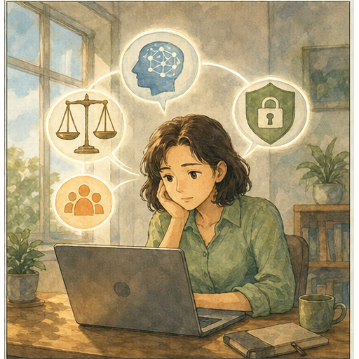 Illustration 1: Show a modern workplace scene where AI assistance, human review, privacy, and responsib...